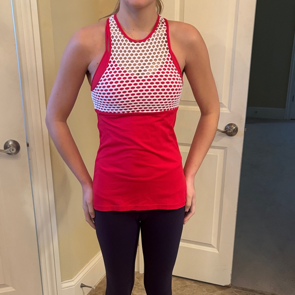 Lorna Jane Red and White Mesh Tank